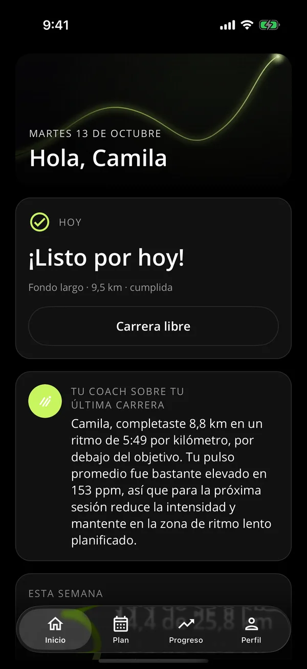 Inicio de RunGlow con la sesión del día cumplida, una medalla nueva y el comentario del coach