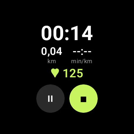 App de RunGlow en un reloj Wear OS durante una carrera